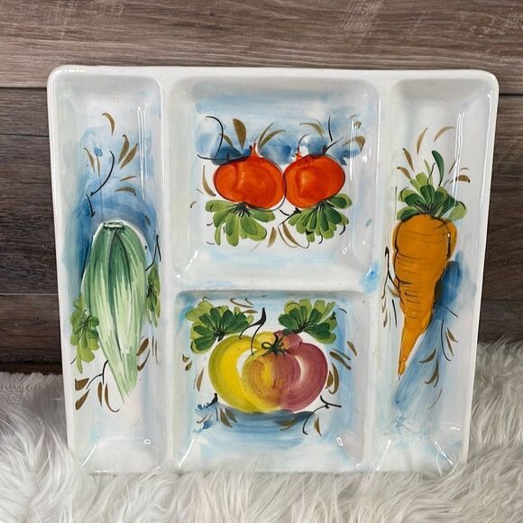Serving Ceramic Plate , 4 Sections, Vegetable Decor, 11 X 11 - Picture 2 of 8